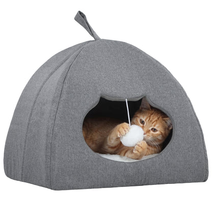 Cat Cave Bed & Cat House | Reversible All-Season Cushion | Teaser Ball | Cat-Shaped Entrance | Anti-Slip Base | 42x42x39cm | Suits Cats to 5kg | Grey