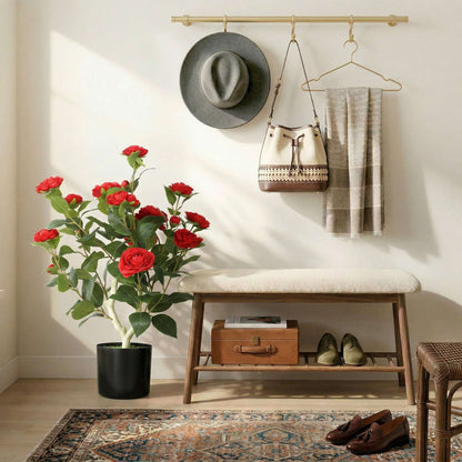 Artificial Camellia Flower Plant | 65cm | 116 PEVA Leaves | Red Silk Blossoms | Moss Effect | Cement Pot | Shapeable | No Maintenance