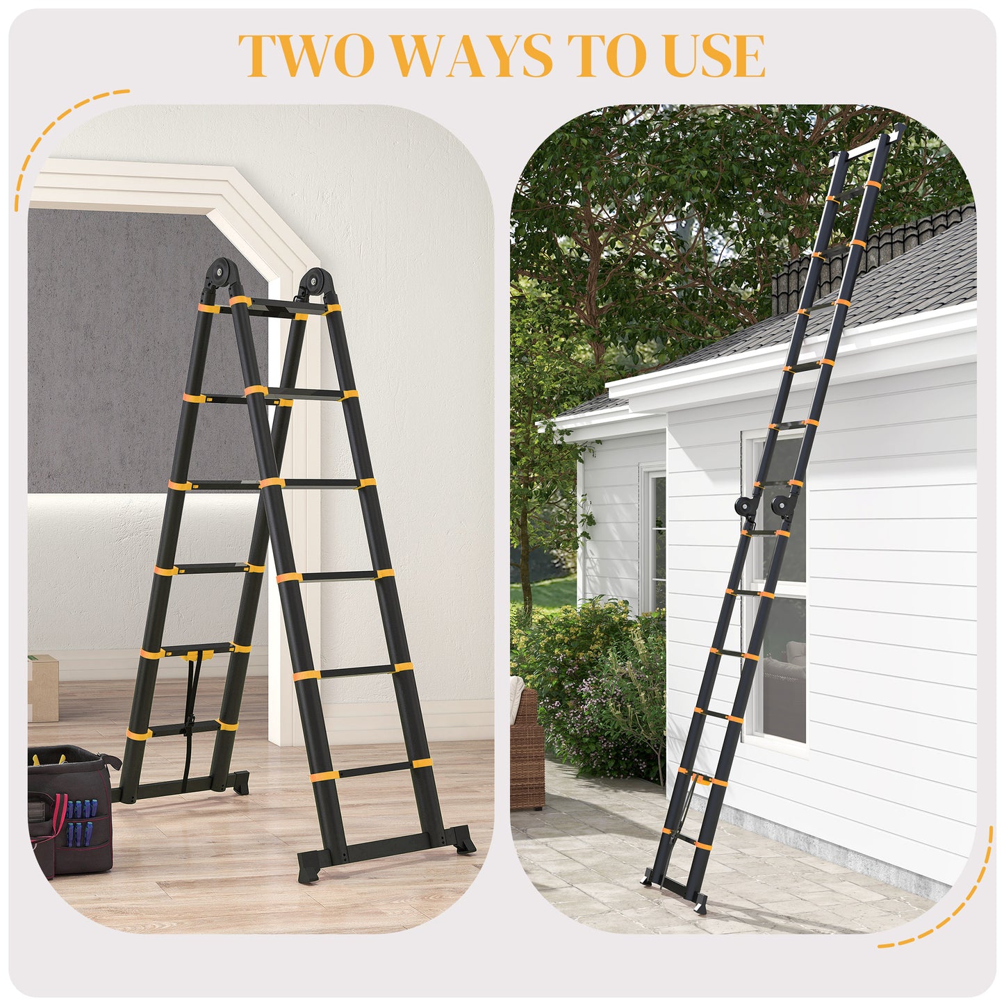 3.8M Duo Aluminium Ladder w/ Tool Holder Herringbone Deployed Extendable DIY w/ 12 Non-Slip Steps, Yellow