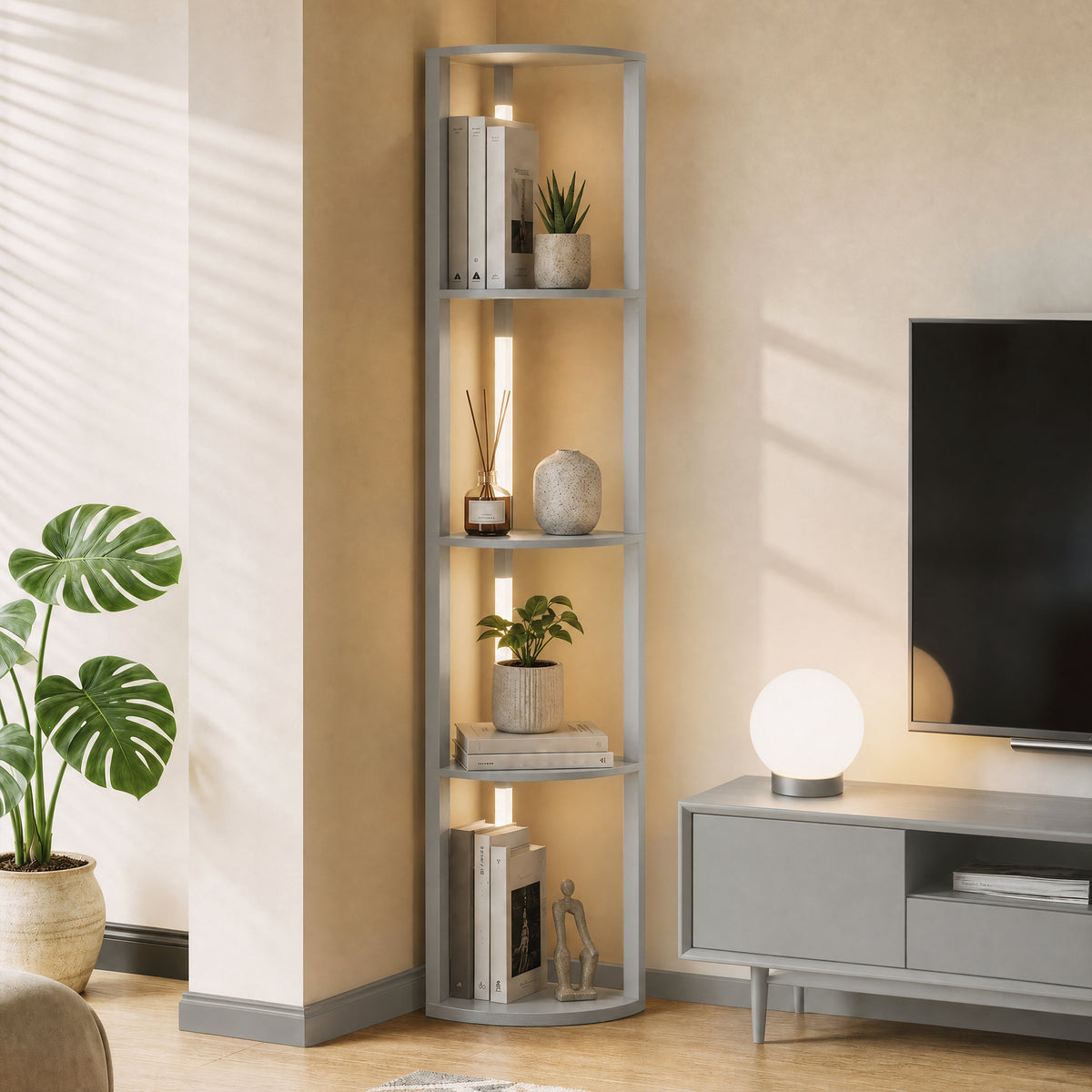 Corner Floor Lamp with 4-Tier Shelving | Grey MDF Plastic | 41x29.5x163.5cm | 3000K Warm White LED | 1530lm | 3-Level Brightness | Foot Switch | 25000hrs | 8kg