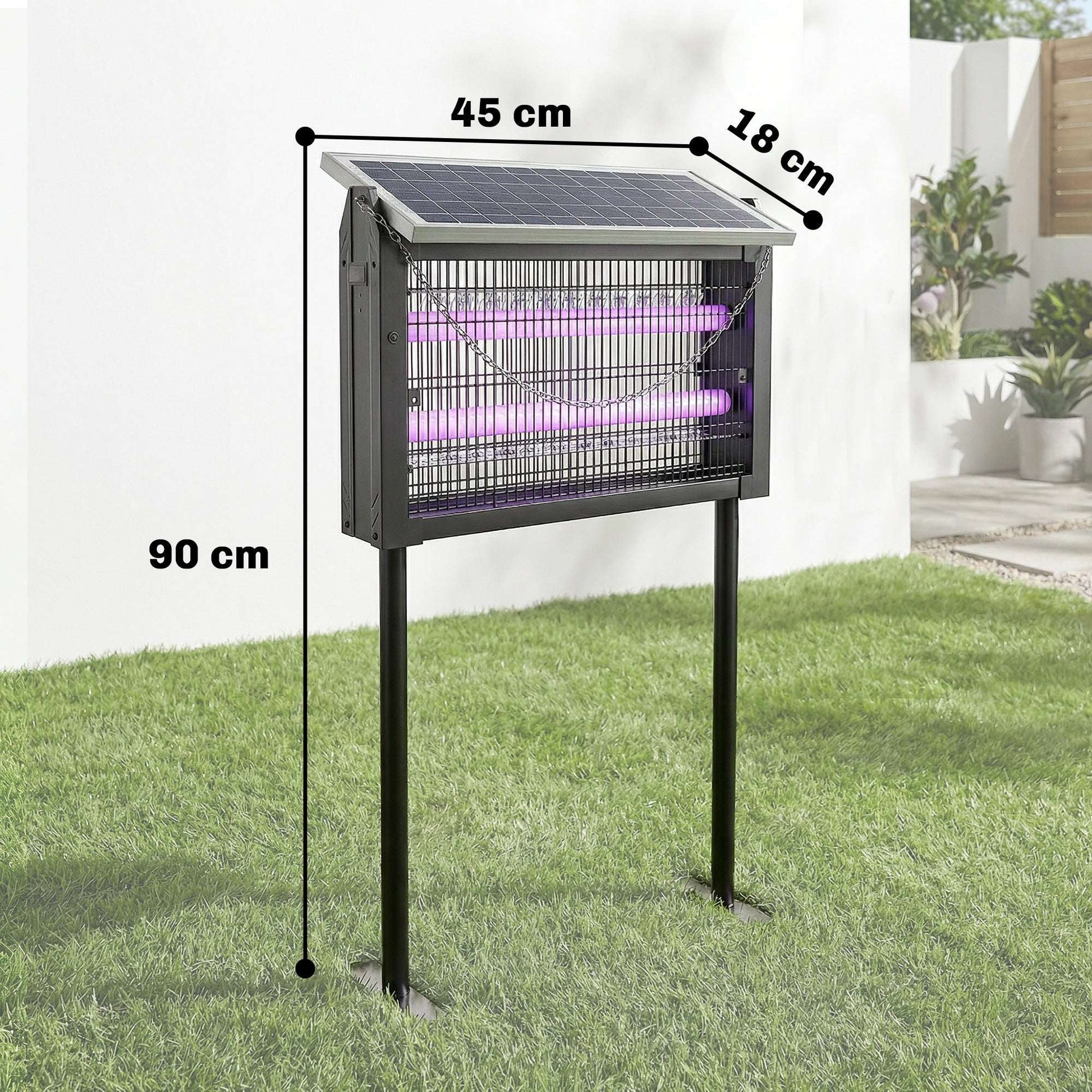 Solar Bug Zapper Outdoor | 3500V Electric Grid | UVA LED | Dusk-to-Dawn Auto | Solar & USB Charging | 80-100m² Coverage | Stake, Hang or Table | 4.3m Cord | 45x18x90cm | Black