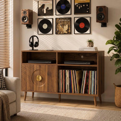 Record Player Stand with Vinyl Storage for 300 Albums | 5 Record Slots | Flip-Top Compartment | Double-Door Cabinet | Cable Hole | Pine Legs | Melamine Finish | 120x40x76cm | Walnut Brown or Black