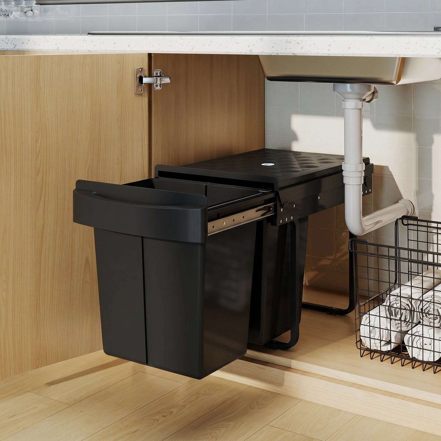Under-Sink Pull-Out Kitchen Bin | Dual 20L Compartments 40L Total | Damped Smooth-Glide Runners | Frosted Lid Doubles as Shelf | Removable Buckets with Handles | Steel Frame | Pre-Assembled | 52x33.5x41cm | Black