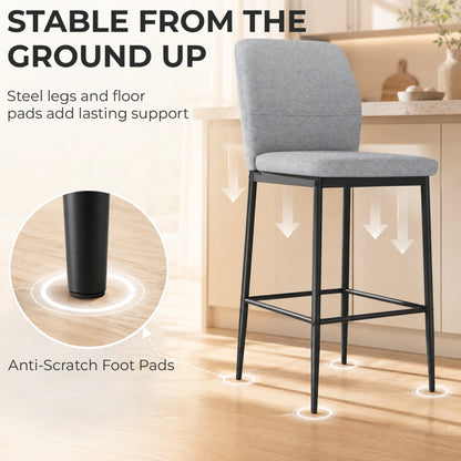 Set of 2 Velvet Bar Stools | Grey | 41x52x97cm | 64cm Seat Height | Curved Backrest | Footrest | Powder-Coated Steel | Armless | Counter Height 89–99cm | 120kg | Kitchen Island Dining