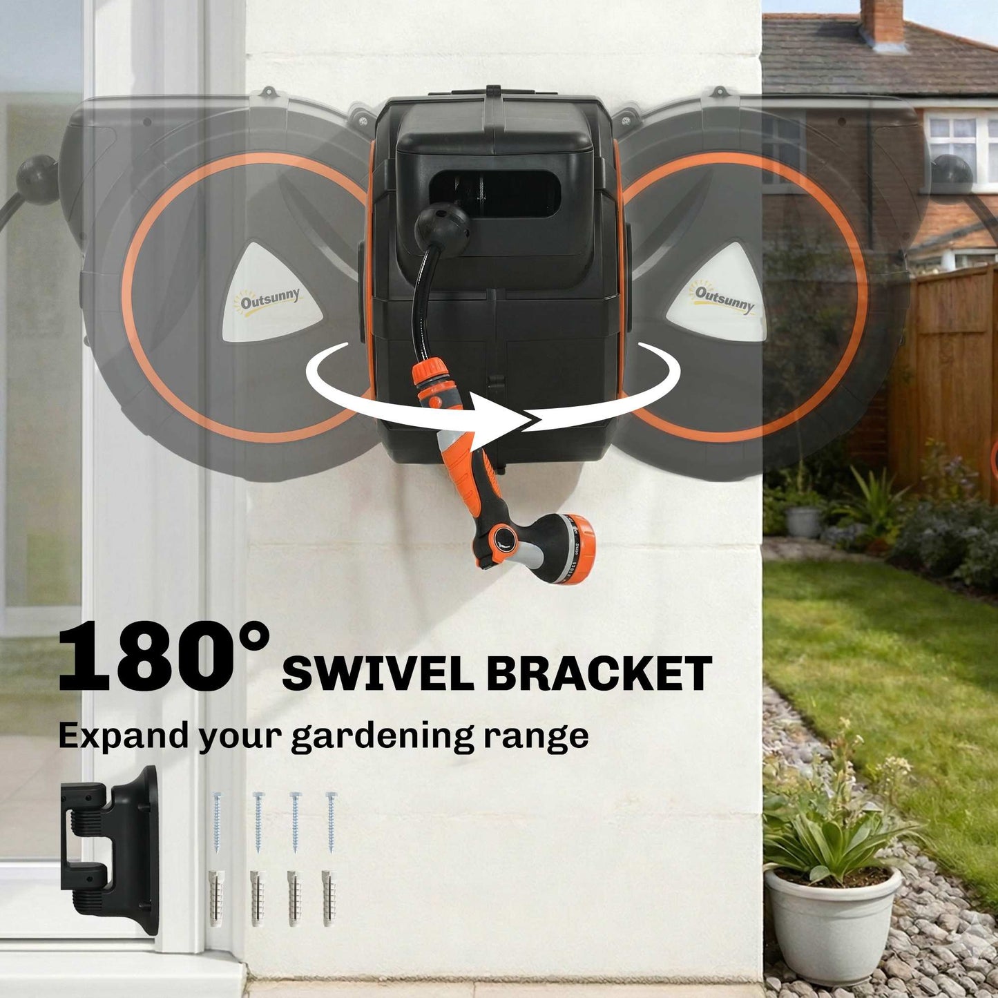 30m Retractable Garden Hose Reel | Auto Slow-Rewind | Self-Locking at Any Length | Wall-Mount or Portable | 12 Spray Patterns | 120 PSI | UV-Resistant PP | Orange