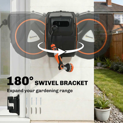 30m Retractable Garden Hose Reel | Auto Slow-Rewind | Self-Locking at Any Length | Wall-Mount or Portable | 12 Spray Patterns | 120 PSI | UV-Resistant PP | Orange