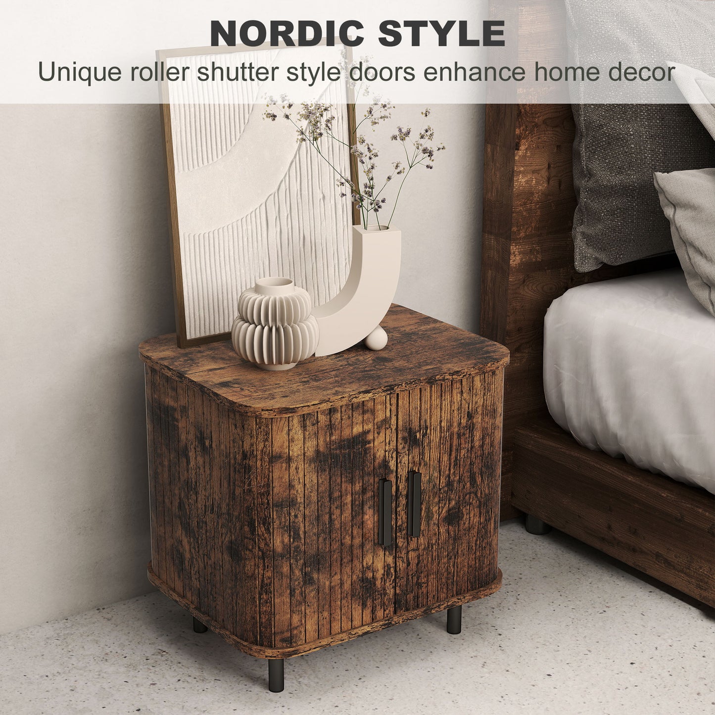 Nordic Bedside Table | Roller Shutter Sliding Doors | 2-Tier Storage | Melamine Surface | Steel Legs | 90kg | 48x40x48cm | Rustic Brown