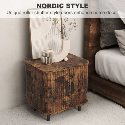 Nordic Bedside Table | Roller Shutter Sliding Doors | 2-Tier Storage | Melamine Surface | Steel Legs | 90kg | 48x40x48cm | Rustic Brown