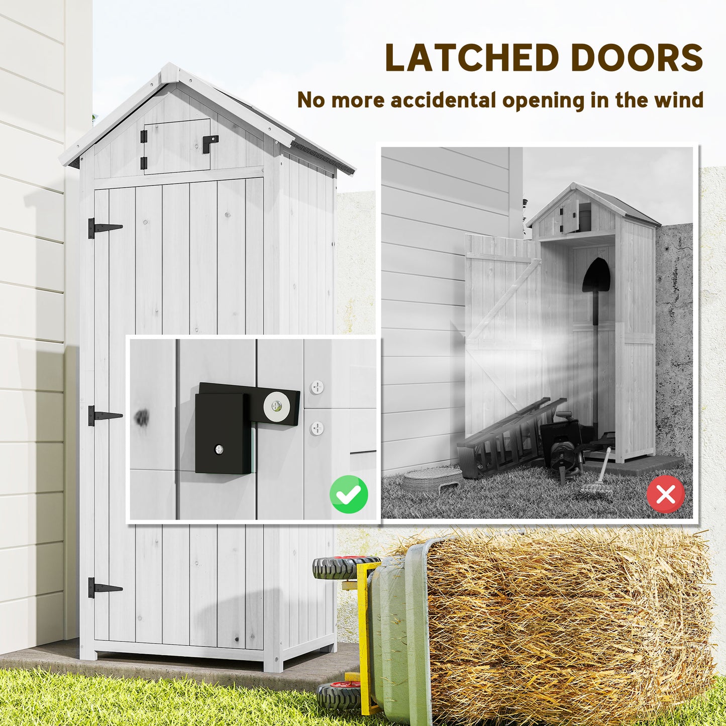 Tall Slim Fir Wood Garden Storage Shed | 3 Removable Shelves | Asphalt Roof | Roof Hatch Window | Door Latch | 2-Layer Water-Resistant Paint | 77x54.2x179cm | Light Grey