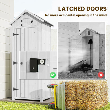 Tall Slim Fir Wood Garden Storage Shed | 3 Removable Shelves | Asphalt Roof | Roof Hatch Window | Door Latch | 2-Layer Water-Resistant Paint | 77x54.2x179cm | Light Grey