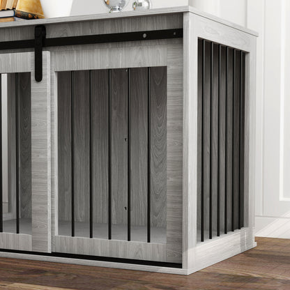 Dog Crate Furniture Side Table | Barn Door | Removable Washable Cushion | 3-Sided Ventilation | Large Dogs up to 30kg | 100 x 60 x 61cm | Grey