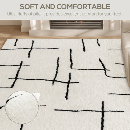 Modern Fluffy Geometric Area Rug | 100% Polyester High Pile | Washable | Cream Abstract Pattern | 170x120cm | Living Room Bedroom Dining Room Home Office