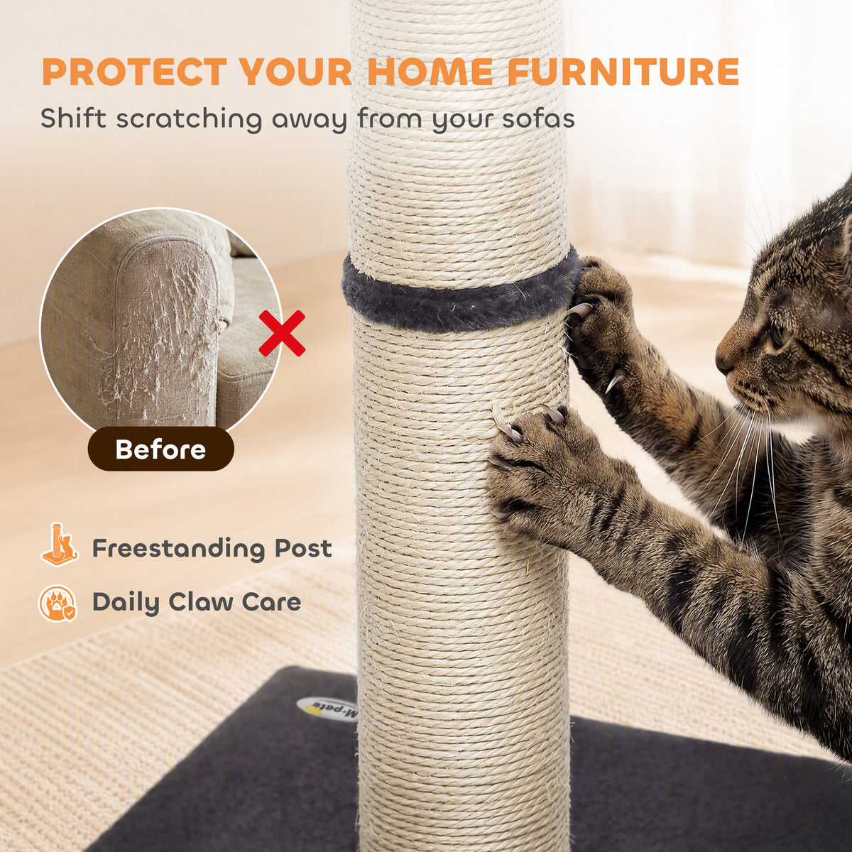 80cm Cat Scratching Post | Dark Grey Sisal Rope Claw Scratcher with Plush Base | 5kg