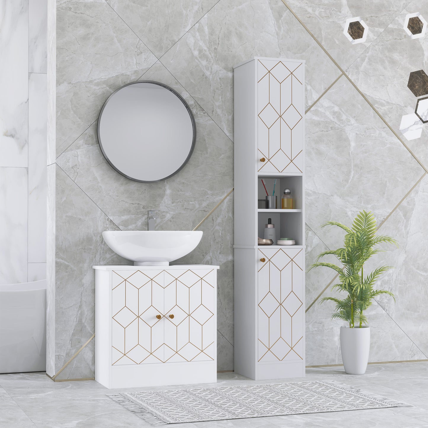 Tall Bathroom Storage Cabinet with Doors | Slim Freestanding | Adjustable Shelves | Gold Tone Handles | White