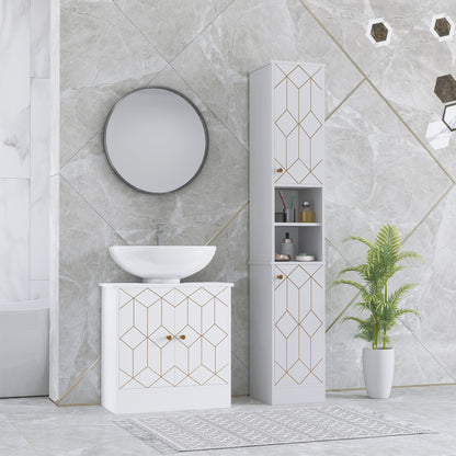 Tall Bathroom Storage Cabinet with Doors | Slim Freestanding | Adjustable Shelves | Gold Tone Handles | White