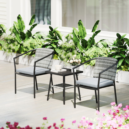 3 Piece Rattan Bistro Set with Cushions, Wicker Garden Furniture Set, Glass Top Coffee Table and Chairs for Patio, Balcony, Terrace and Conservatory