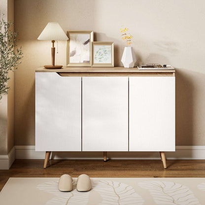 Sideboard Storage Cabinet | 3 Doors | 2 Adjustable Shelves | 5 Rubberwood Legs | Anti-Tip | 80kg | 107x35x76.5cm | White & Oak