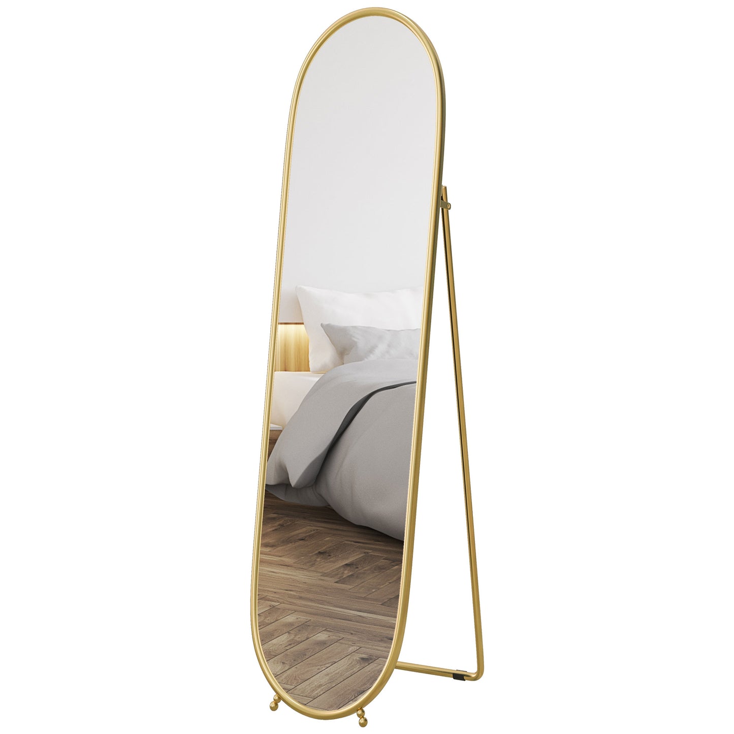 40 x 160cm Full Length Mirror, Floor Standing, Wall-Mounted or Leaning Against Wall Tall Mirror with Support Frame, Oval Full Body Mirror for Bedroom, Living Room, Gold Tone