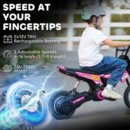 AIYAPLAY Kids Electric Motorbike, 24V Ride On Motorcycle with 3 Speeds and Rear Suspension, Dirt Bike for 8-12 Years Old