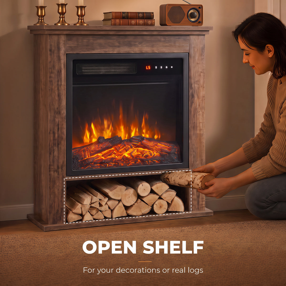 1800W Electric Fireplace Suite | Oak-Tone or Black Surround & Display Shelf | C Energy Rating | 5 Flame Brightness & Speed Settings | Timer & Remote