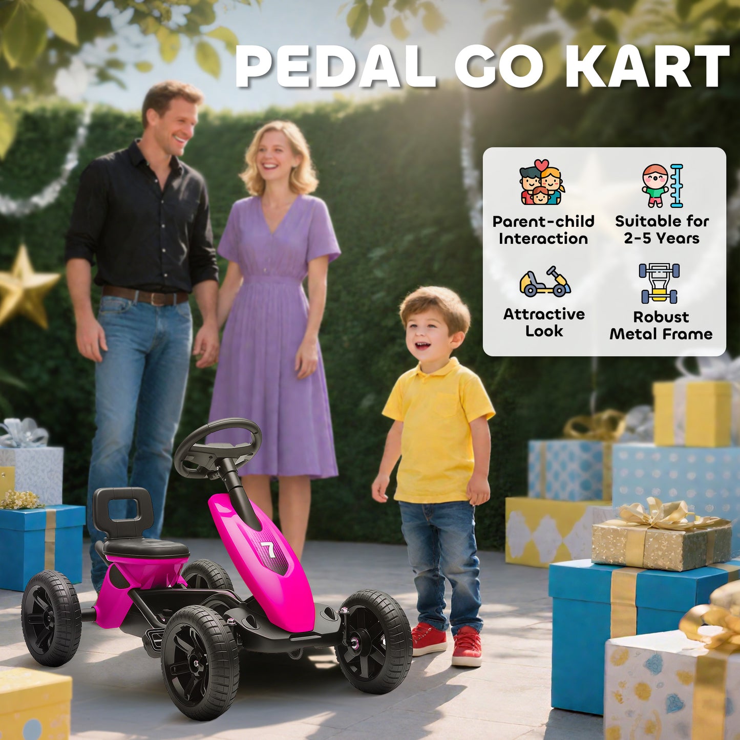 AIYAPLAY Pedal Go Kart for Kids 2-5 Years, with Silent EVA Wheels, Metal Frame, Pink / Blue / Yellow / Green