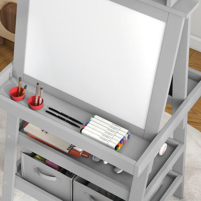 AIYAPLAY 3 in 1 Kids Easel Double-Sided Magnetic Whiteboard and Chalkboard With Paper Roll, Storage Baskets - Grey