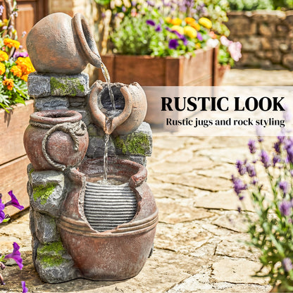4-Tier Resin Waterfall Fountain with Built-In Planter | Warm White LED Lights | 3-Speed Adjustable Pump | 5W | 230V | 3m Cable | 31x30x59cm | Garden & Patio | Rustic Brown