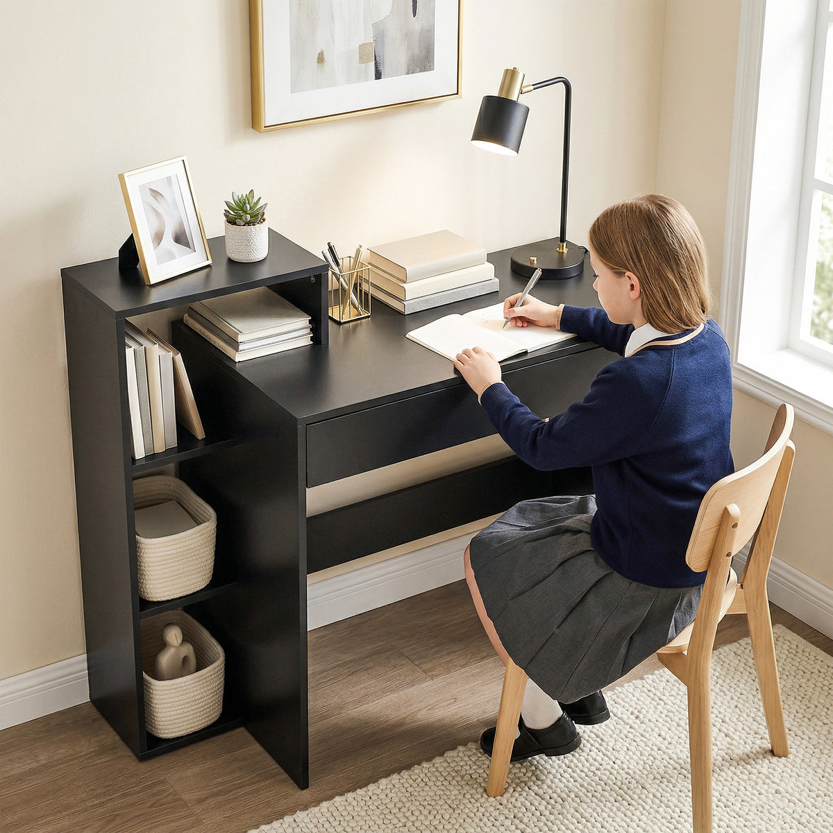 Compact Computer Desk with Storage | Wide Drawer & 3 Open Side Shelves | Black Study Workstation with Melamine Finish | 100W × 40D × 90Hcm