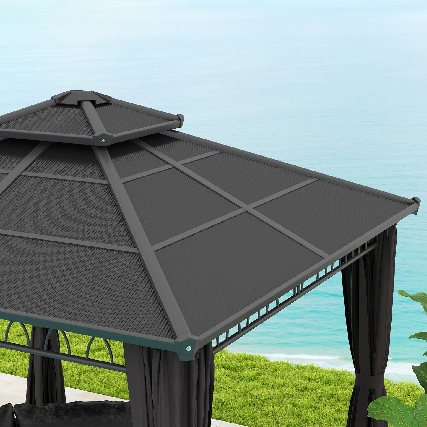 3 x 3 (m) Outdoor Polycarbonate Gazebo, Double Roof Hard Top Gazebo with Galvanised Steel Frame & Curtains for Garden, Lawn, Patio and Deck