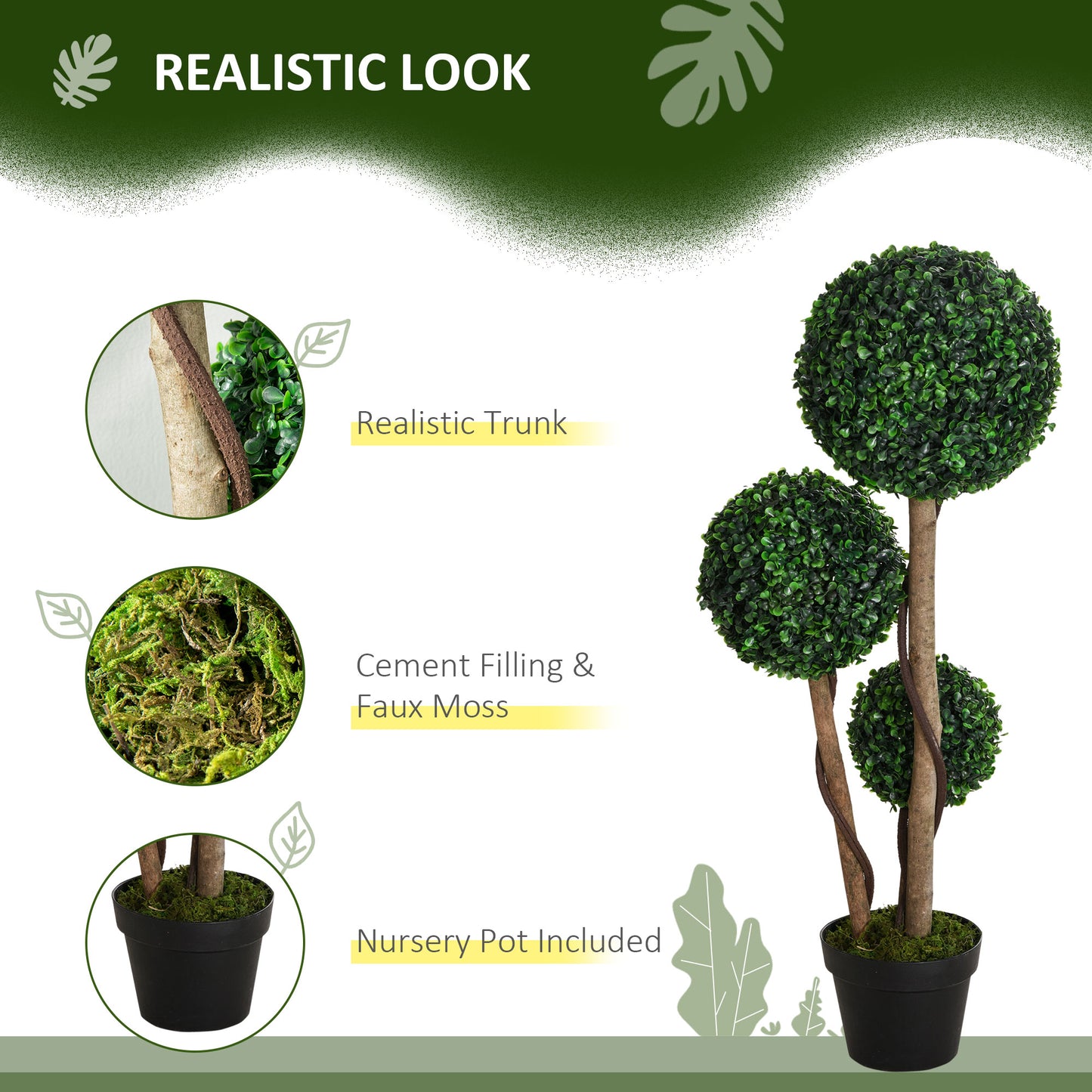 Set of 2 Artificial Boxwood Ball Topiary Trees | 3-Ball Design | 90cm | Dark Green