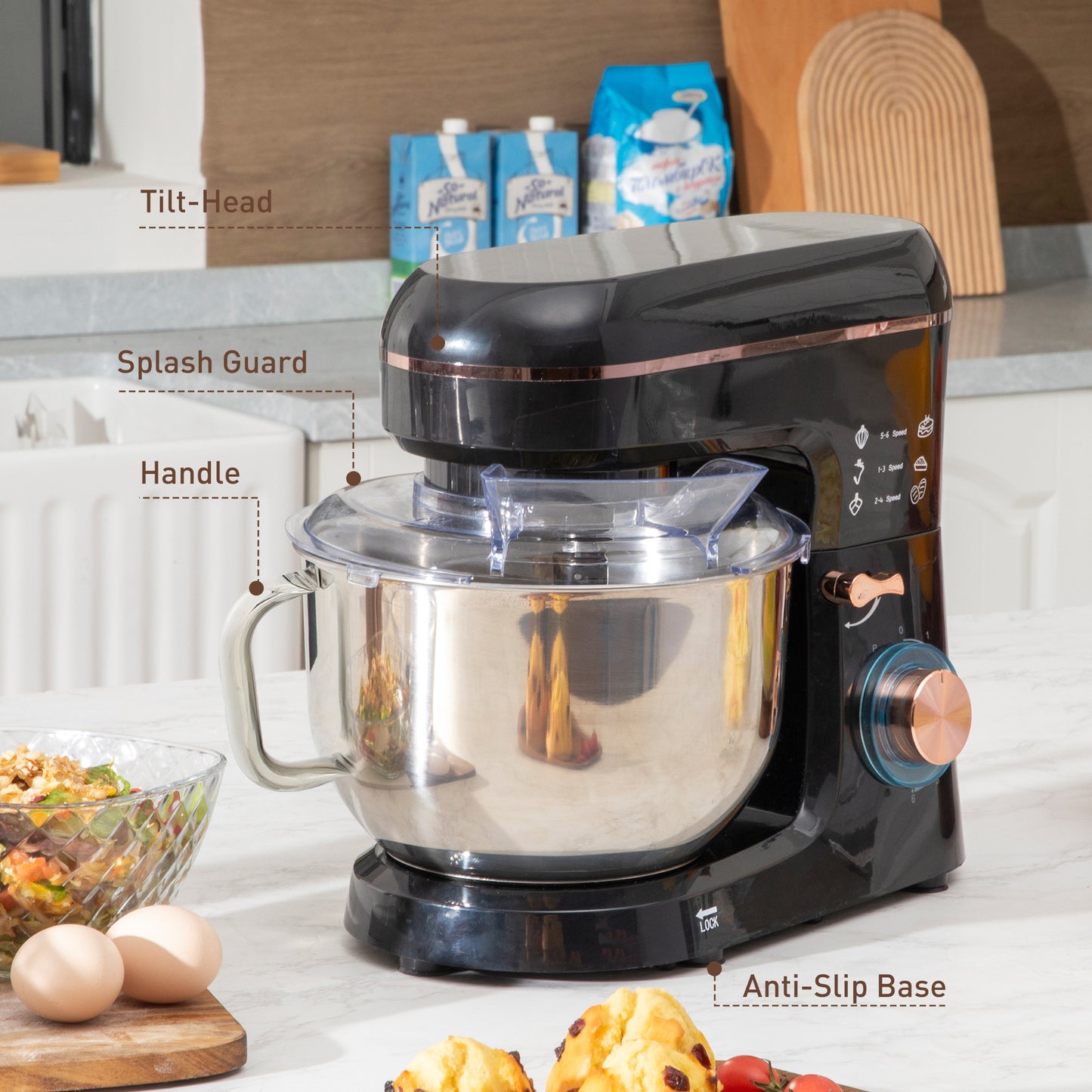Stand Mixer, 5L Food Mixer for Baking, 6 Speeds and Pulse Setting, 1400W Cake Electric Kitchen Mixer with Dough Hook, Whisk