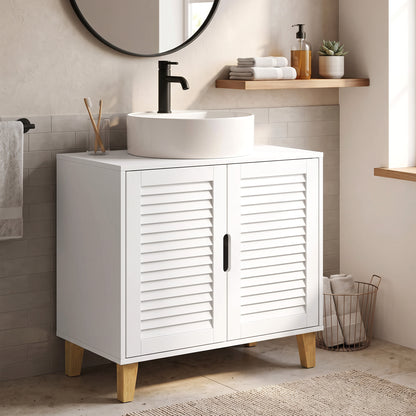Under Sink Bathroom Cabinet | 60W x 30D x 60H cm | 2 Louvre Doors, Adjustable Shelf & Bamboo Legs | White & Natural