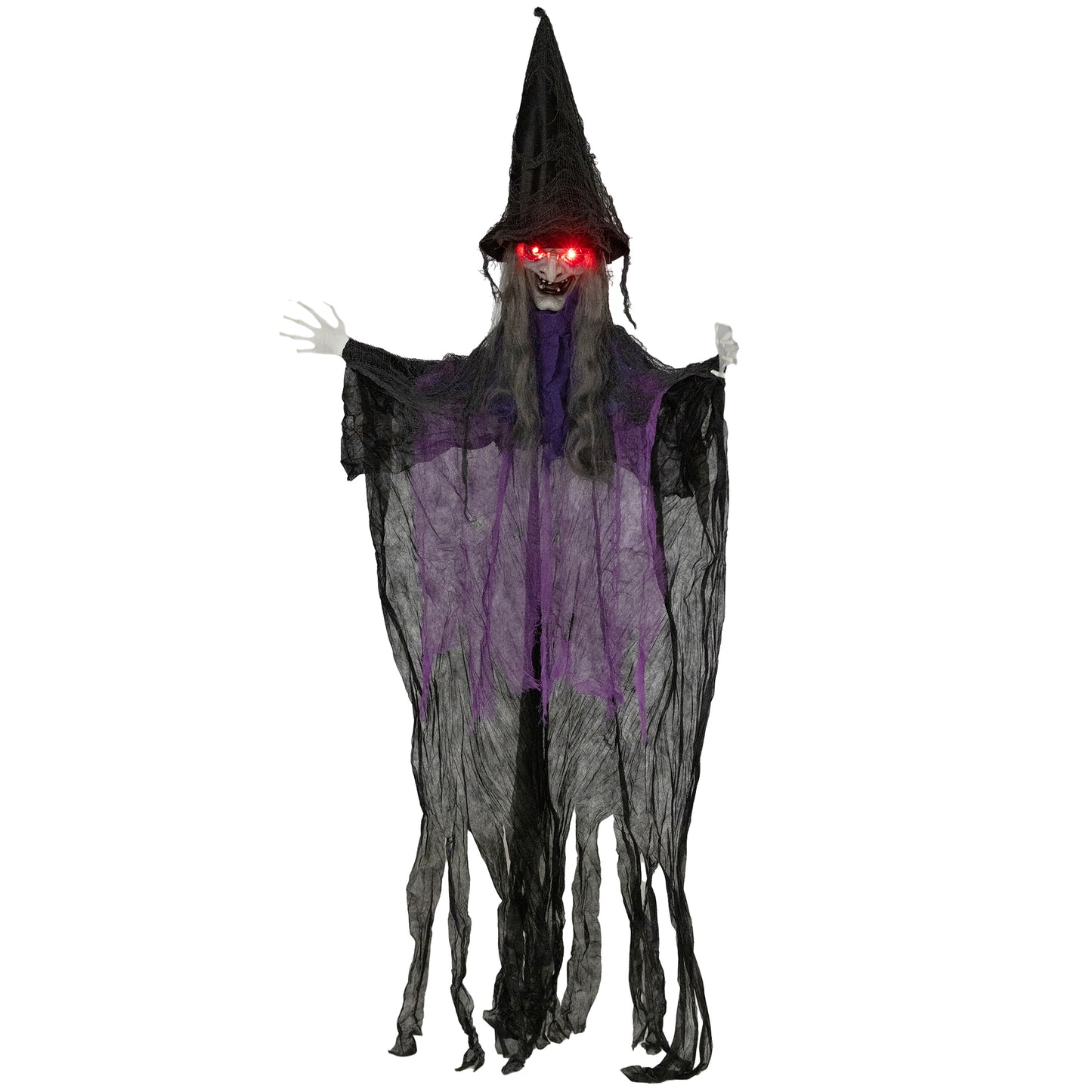 183 cm Life Size Halloween Animated Hanging Witch with Glowing LED Eyes, Spooky Witch Scary Halloween Decorations, Battery Operated, Indoor Party Props