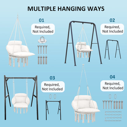 Hanging Chair Indoor Outdoor Hammock Chair with Soft Cushion, Cotton Rope Boho Style Swing Chair, Hanging Garden Swing Seat Cream White