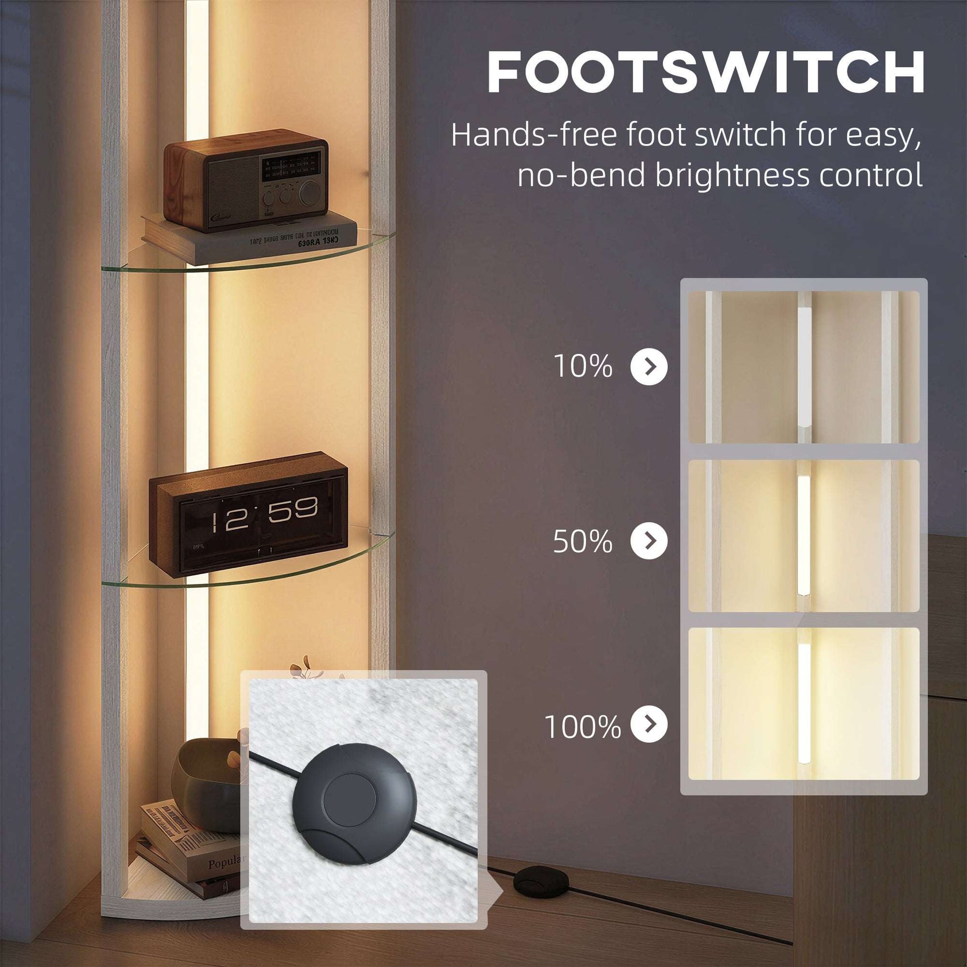 LED Floor Lamp with 5 Shelves | 3 Brightness Levels | Foot Switch | 20W 3000K | Frosted Glass Tiers | 162cm | White