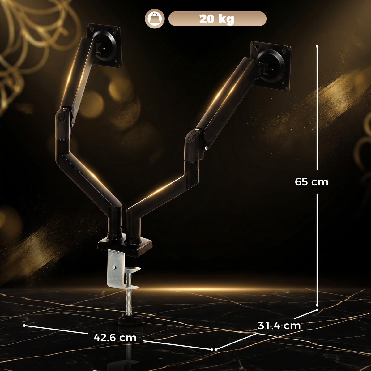 Dual Monitor Arms | 2 Screens up to 32 Inch | Gas Spring Height Adjustment, Tilt & 360° Rotation | 20kg Capacity | Black Steel