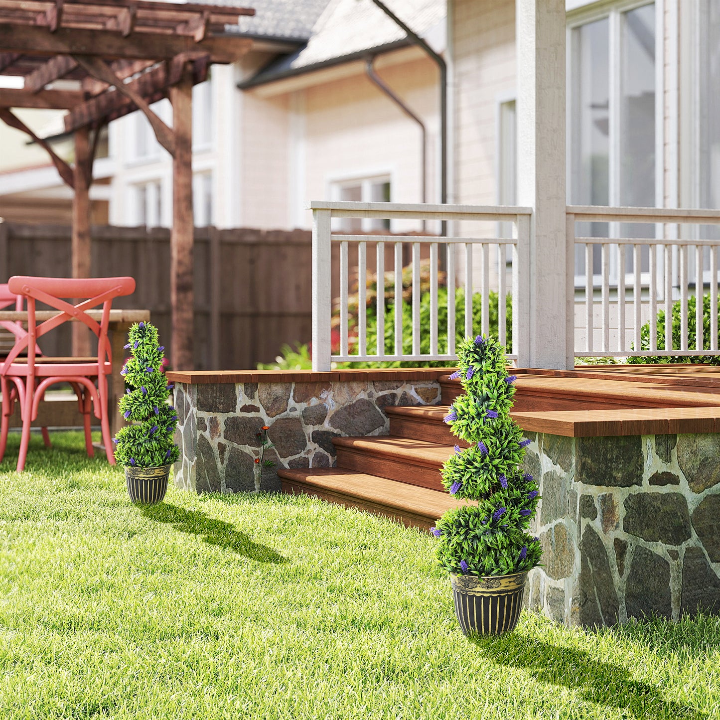 Set of 2 Decorative Artificial Plants, Boxwood Spiral Topiary Tree with Lavender and Pot, Fake Plants for Home Decor, 90cm