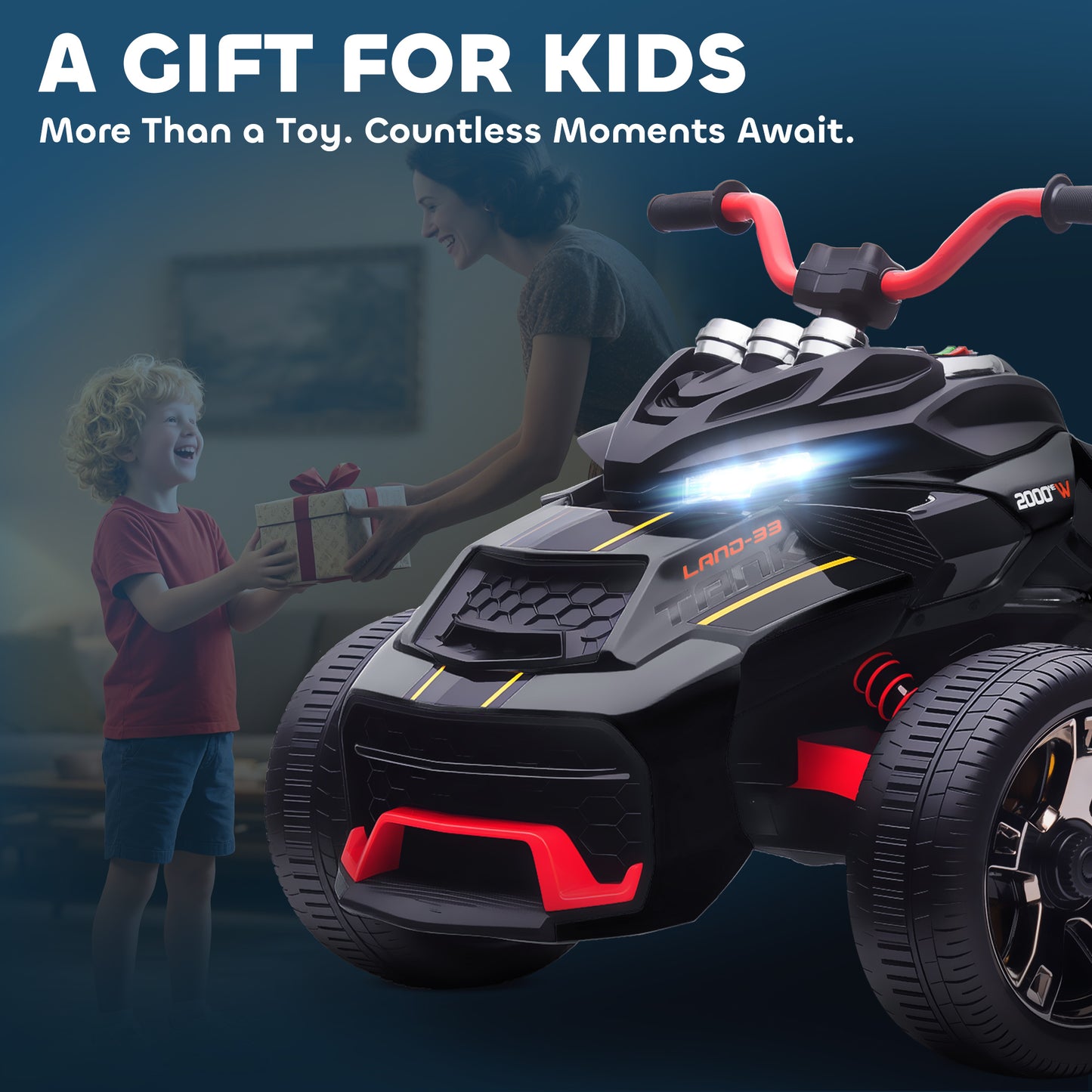 12V Kids Electric Ride On Car with 3 Wheeler, MP3 Player, Horn, 2 Speeds, LED Lights for Boys & Girls Ages 3-8