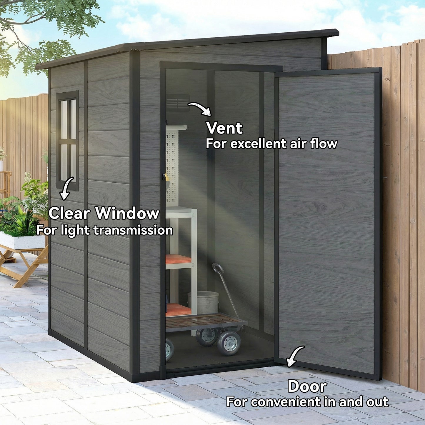 Aluminium Alloy & PP Lean-To Garden Storage Shed | Wood-Effect Finish | Lockable Door | Lock & 3 Keys | Window | Vent | Sloped Roof | 40kg/m² Snow Rating | 122x149x192cm | 1.54m²