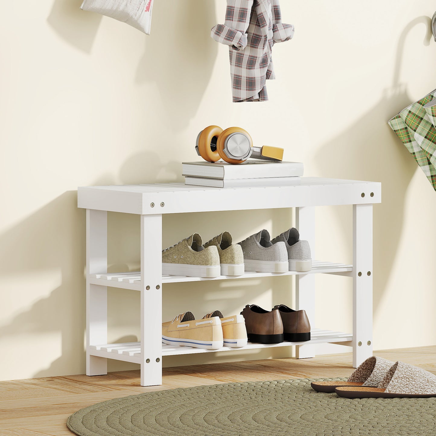 Two Shelf Bamboo Shoe Storage Bench - White