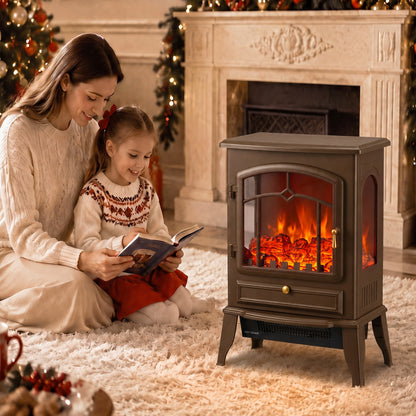 3-Sided Electric Fireplace Stove Heater | 1000/2000W Freestanding 3D Flame Effect with 10-35°C Thermostat | 15-30 m² | Brown, Grey or Black