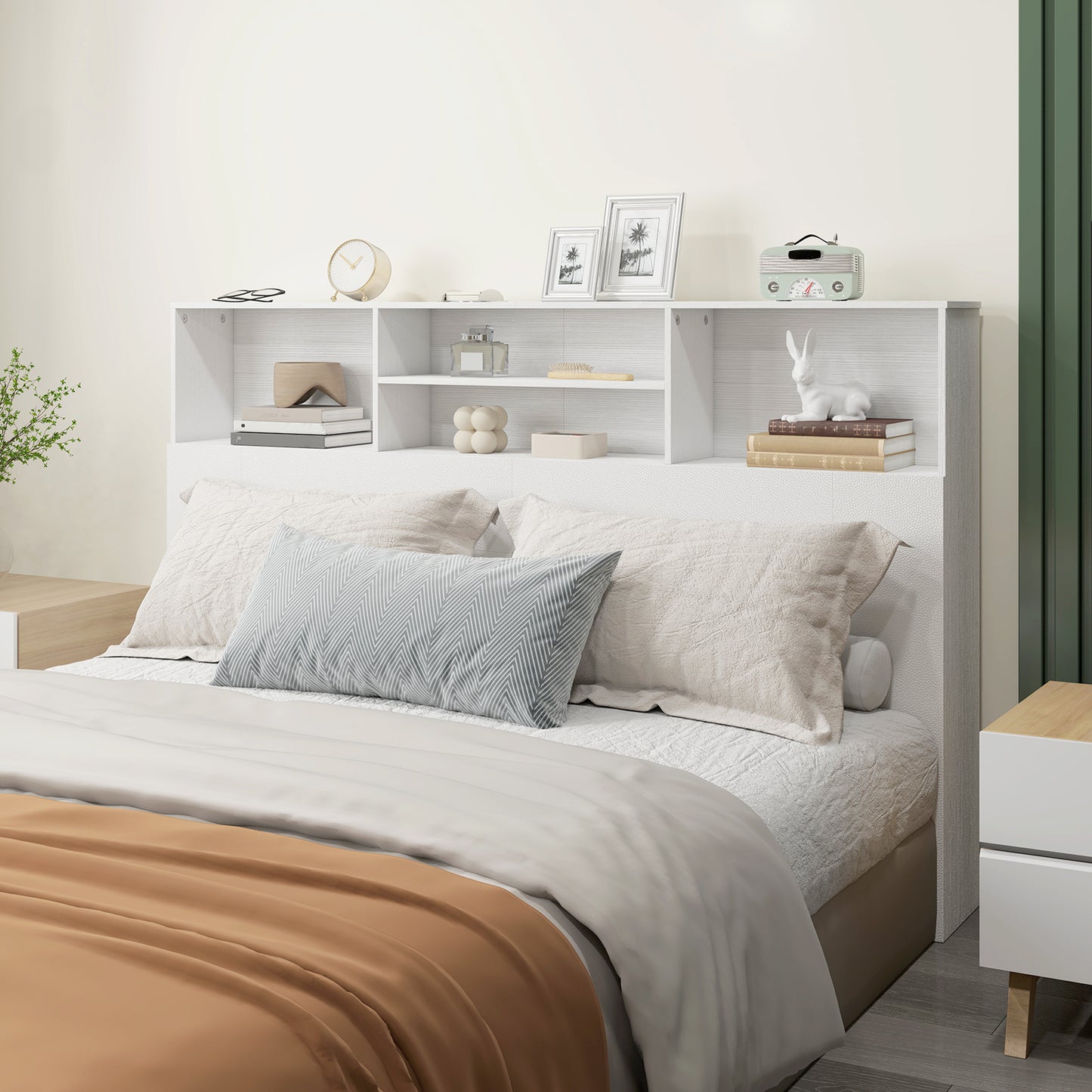 King Size Headboard with Storage | 4 Open Compartments | Freestanding | Scratch-Resistant Melamine | Anti-Tip Kit | White | 160cm