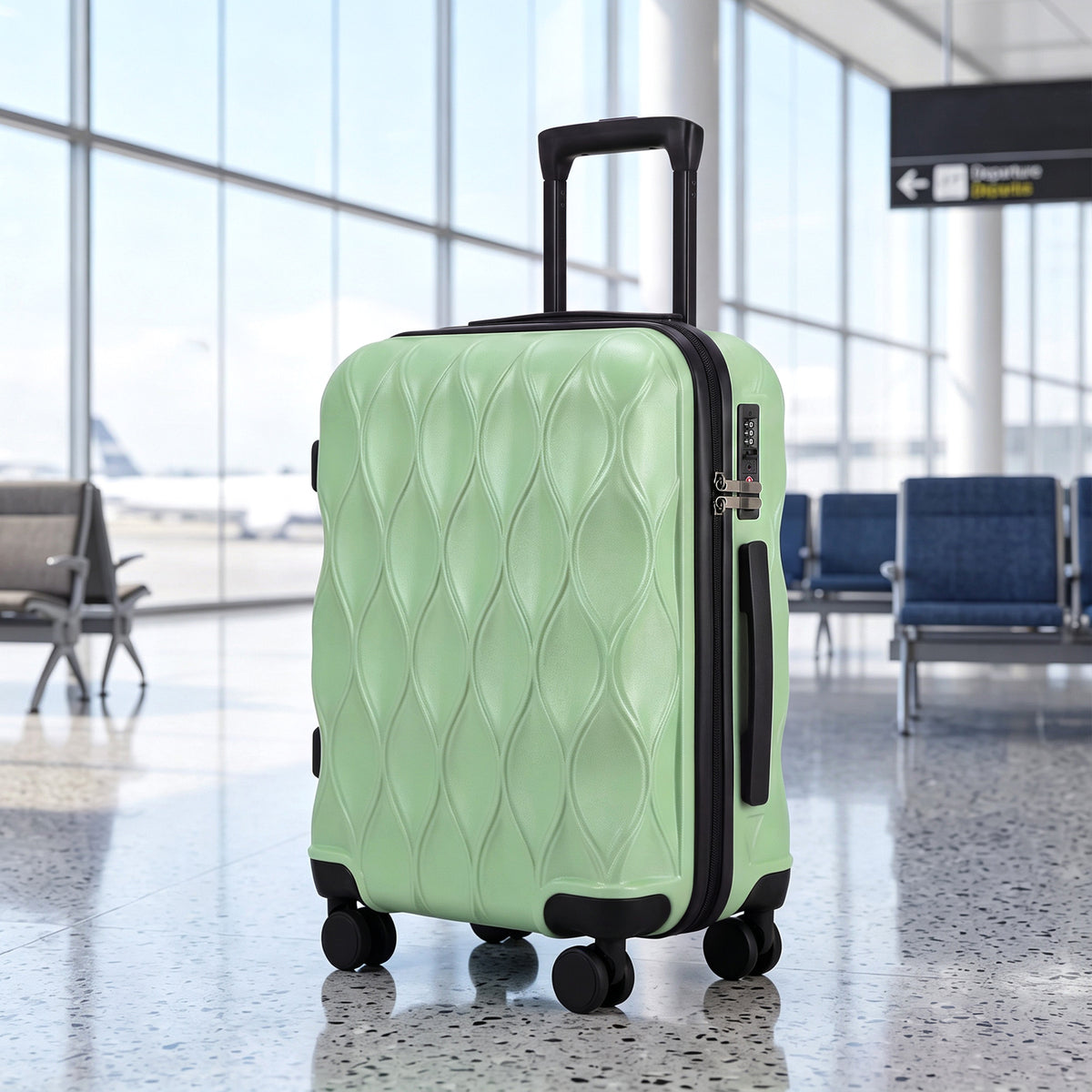 41L Cabin Suitcase | ABS Hard Shell Frosted Finish | TSA 3-Digit Lock | 4 Detachable 360° Spinner Wheels | Aluminium Telescopic Handle | 36x23x56cm | 8kg Capacity | Green / Black