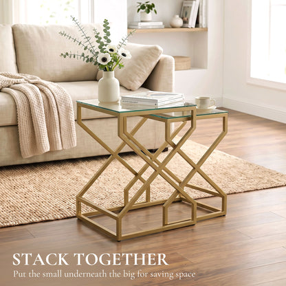 Nest of 2 Tables | Tempered Glass Tops | Gold-Tone Steel Tube Frame | Nesting Design | Adjustable Foot Pads | Large 40x40x55cm Small 35x35x50cm | 20kg Capacity | Transparent & Gold