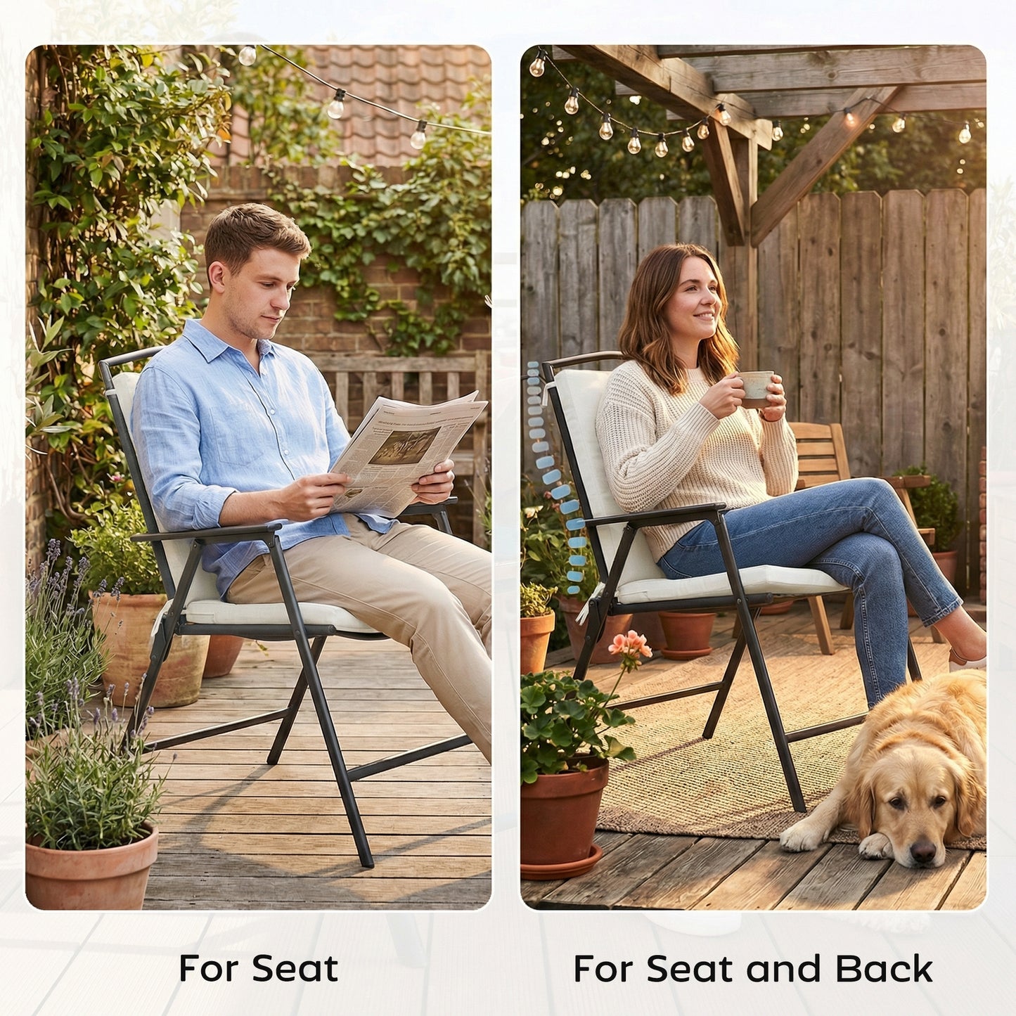 Set of 2 Garden Seat Cushions | 7cm High Density Foam | 50x50cm | Water Resistant | UV30+ | Fire Retardant | Zip Off Covers | Securing Ties | Cream White