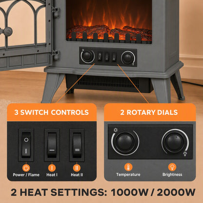 Freestanding Electric Fireplace Log Burner | 1000W/2000W Dual Heat | Stepless LED Flame Effect | Stepless Thermostat | Forced-Air Fan | Thermal Cut-Off | ERP Compliant | 39x23x56.5cm | Grey
