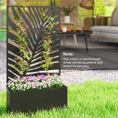 Metal Raised Planter with Large Leaf Cut-Out Trellis & Privacy Screen | Wall Mounted or Freestanding | 29L Soil | 50kg | Powder-Coated | 61x23x113cm | Climbing Plants | Black