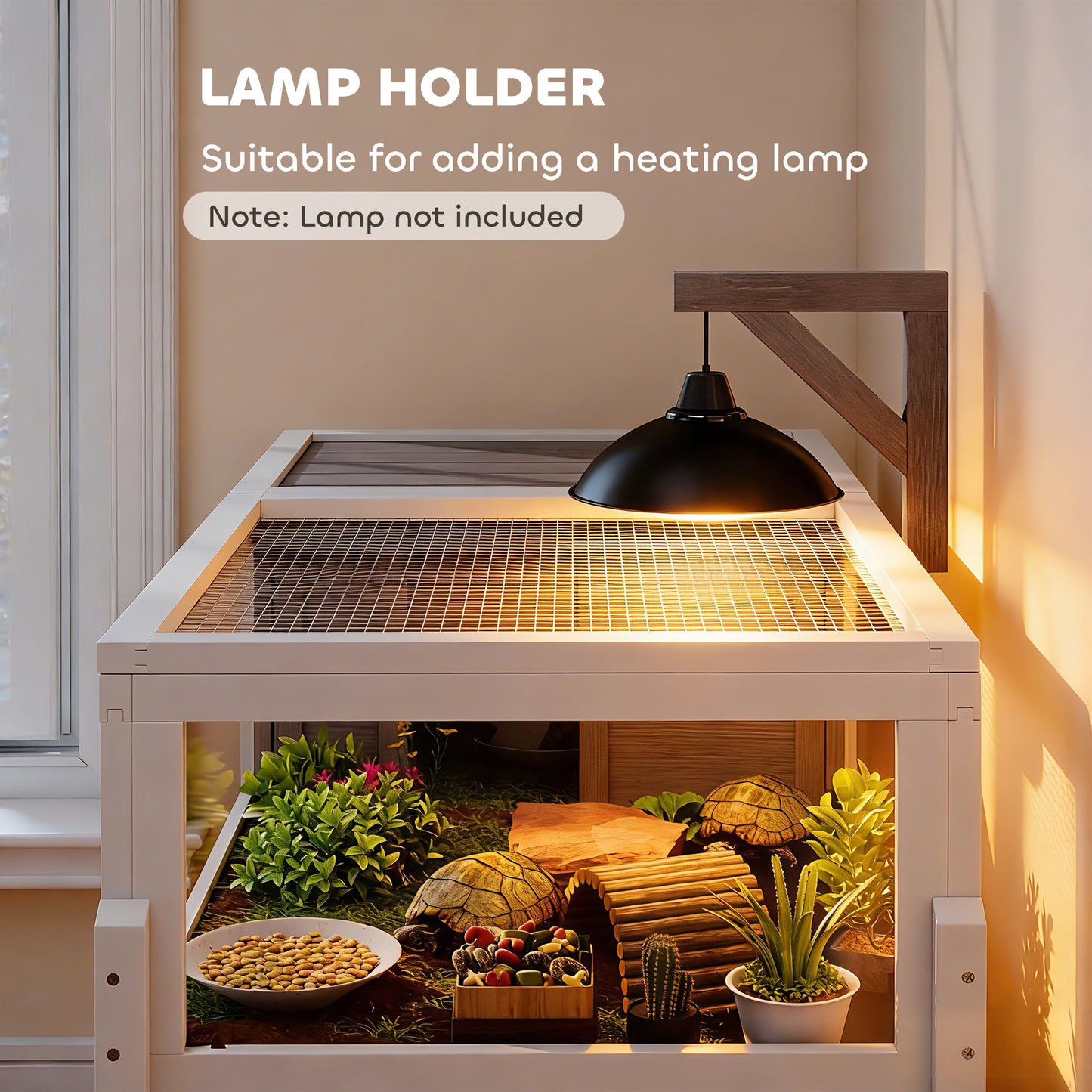 Wooden Tortoise Cage | Dual-Zone Habitat | Clear Panels | Raised Stand | Lamp Holder | 104 x 53 x 82cm | Grey