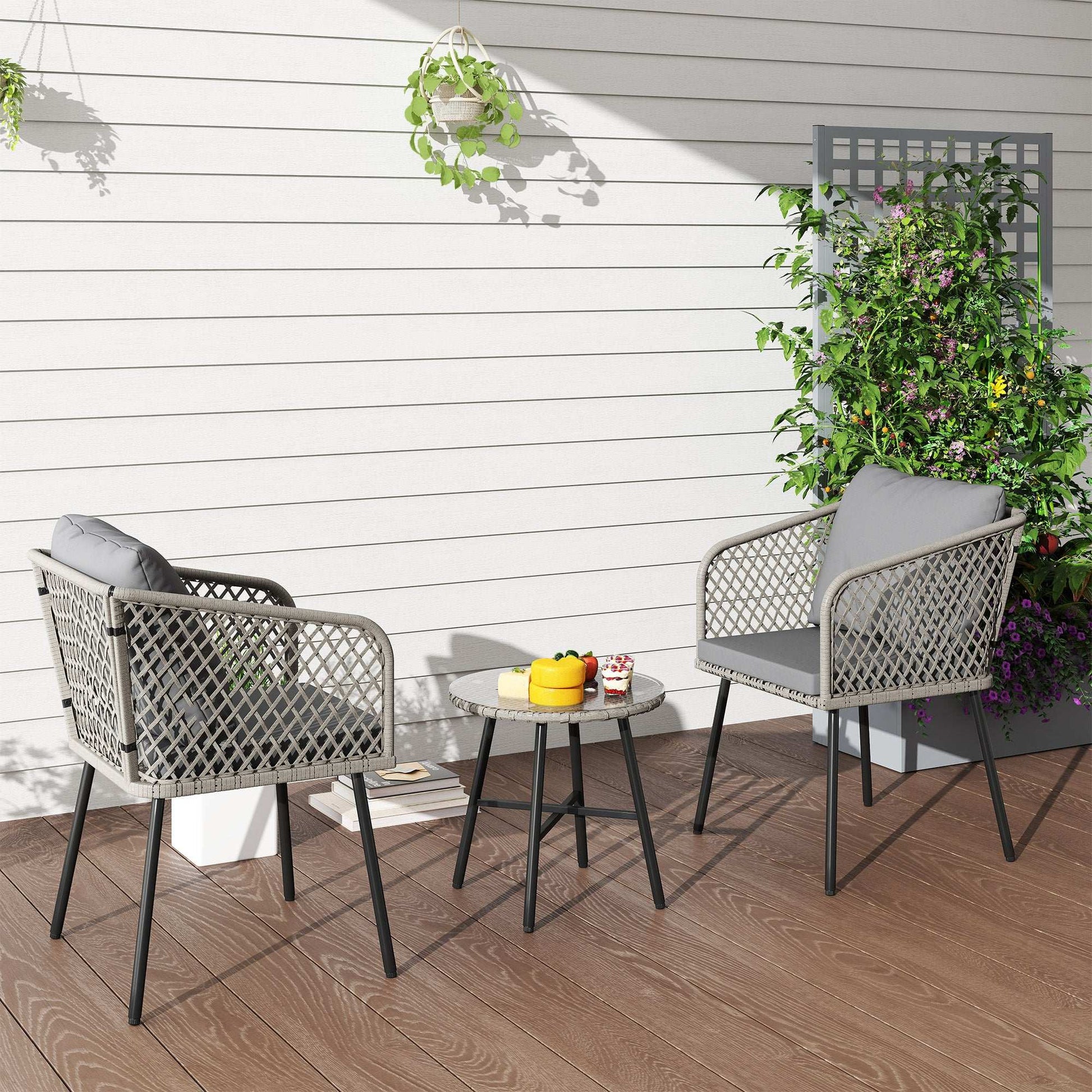 Outsunny 3 Piece Rattan Bistro Set with 2 Chairs, Tempered Glass Table, Cushions, Adjustable Foot Pads for Garden, Balcony, Grey