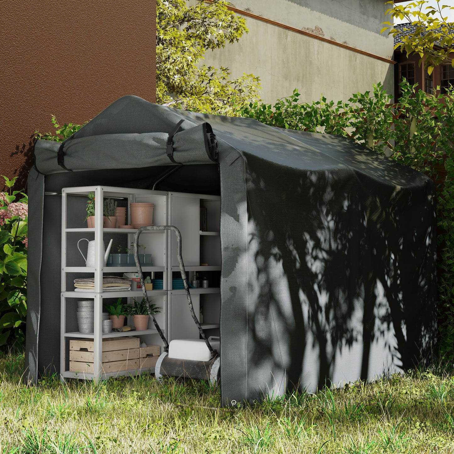 2.2 x 1.6 m Garden Storage Tent, Waterproof Anti-UV Bike Tent with Roll-up Zipper Door, Galvanised Outdoor Storage Shelter Carport, Dark Grey